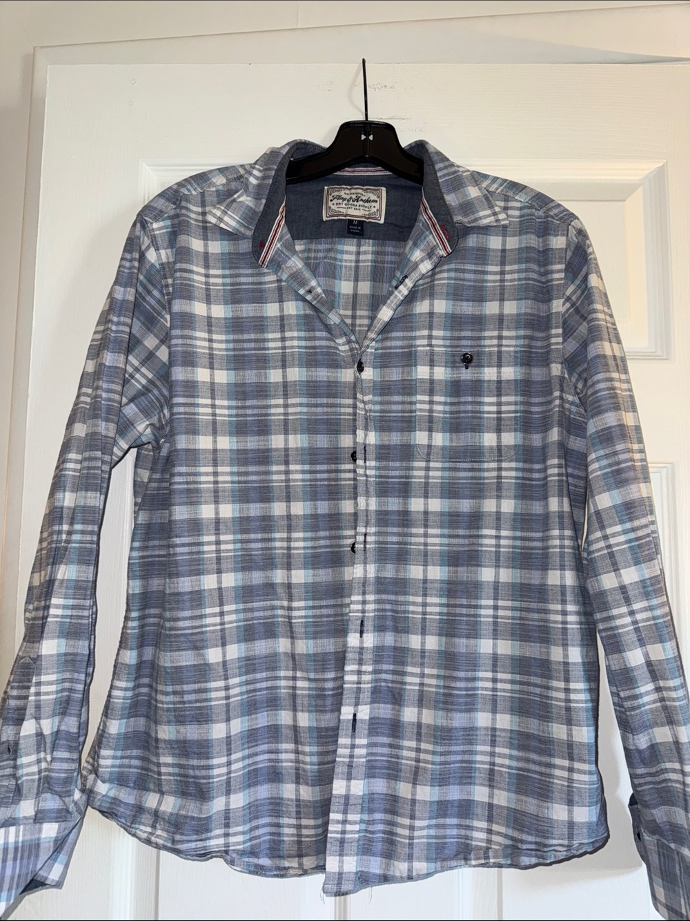 Men's Plaid Button-Down Shirt in Blue and Gray